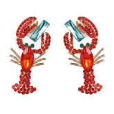 Lobster Bright Red & Teal Crystal Lobster Shaped Earrings